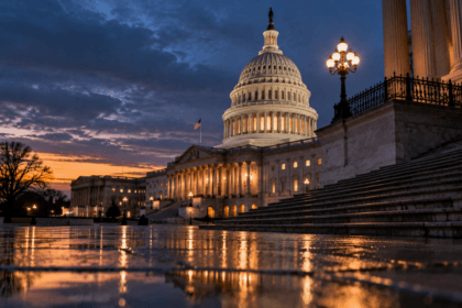 Il cupolone del Campidoglio a Washington D.C. illuminato al crepuscolo, simbolo del voto procedurale al Senato USA sul Digital Asset Market CLARITY Act per la regolamentazione delle criptovalute.