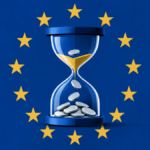 Clessidra geometrica circondata da un cerchio di stelle dorate stilizzate, simbolo del termine europeo per le stablecoin non conformi