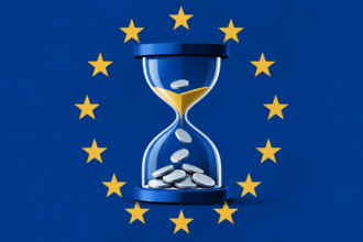 Clessidra geometrica circondata da un cerchio di stelle dorate stilizzate, simbolo del termine europeo per le stablecoin non conformi