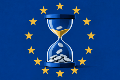 Clessidra geometrica circondata da un cerchio di stelle dorate stilizzate, simbolo del termine europeo per le stablecoin non conformi