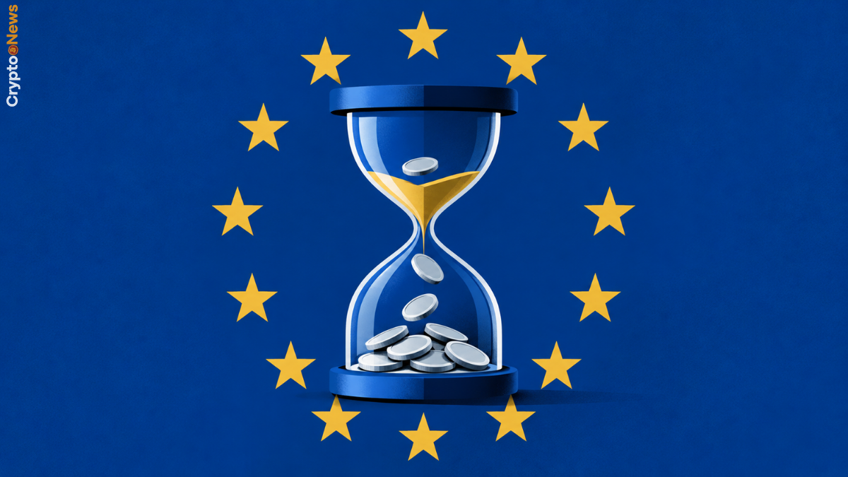 Clessidra geometrica circondata da un cerchio di stelle dorate stilizzate, simbolo del termine europeo per le stablecoin non conformi