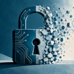 Lucchetto digitale stilizzato che si dissolve in frammenti geometrici, simbolo della vulnerabilità crittografica ai computer quantistici