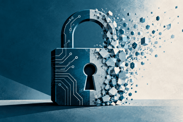 Lucchetto digitale stilizzato che si dissolve in frammenti geometrici, simbolo della vulnerabilità crittografica ai computer quantistici