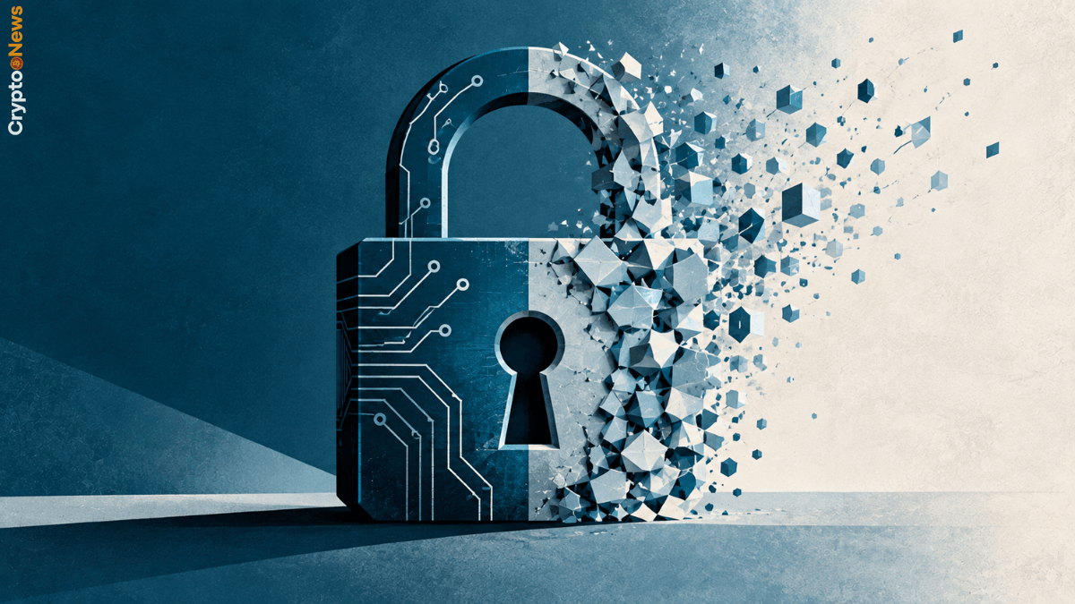 Lucchetto digitale stilizzato che si dissolve in frammenti geometrici, simbolo della vulnerabilità crittografica ai computer quantistici