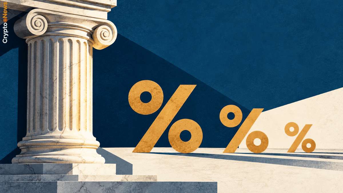 Colonna greca stilizzata accanto a un simbolo percentuale in riduzione, rappresentazione della nuova aliquota fiscale sulle criptovalute