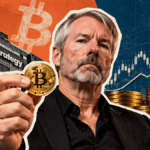 Michael Saylor con grafico finanziario in rialzo con moneta Bitcoin su scrivania da trading desk aziendale
