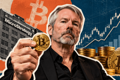 Michael Saylor con grafico finanziario in rialzo con moneta Bitcoin su scrivania da trading desk aziendale